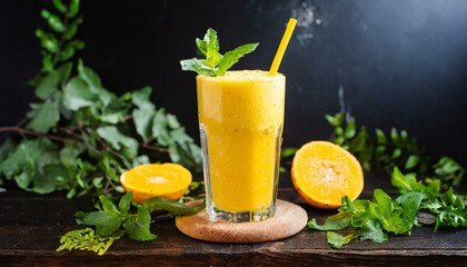 Glass of natural lemon and orange bio smoothie with ingredients on dark background