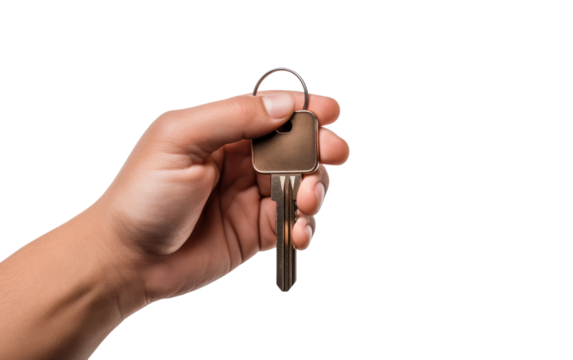 A hand tightly grips a small brown key chain. The key chain dangles from the fingers, showcasing its simple yet functional design. . on a White or Clear Surface PNG Transparent Background.