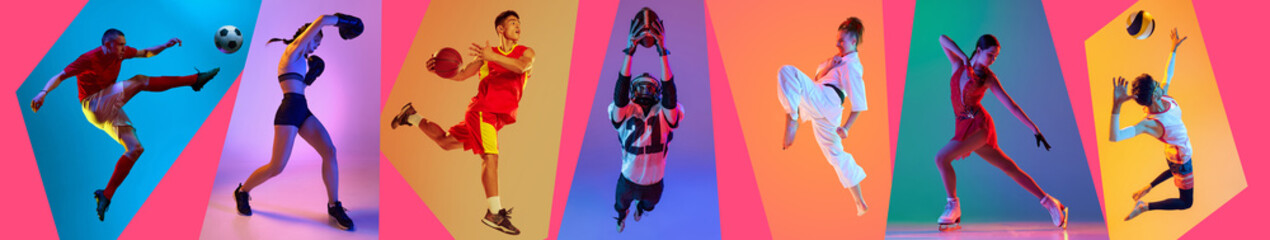 Banner. Collage of football, boxing, martial arts, volleyball and ski athletics in neon light against multicolored studio background. Concept of sport, motion, action, active lifestyle, achievements.
