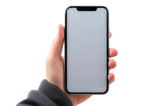 A person is holding a cell phone in their hand, looking at the screen. The individuals fingers are visible gripping the device. on a White or Clear Surface PNG Transparent Background.