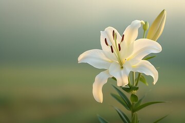 Fototapeta na wymiar A single white lily in full bloom, illuminated by soft morning light against a plain, gently blurred green background.