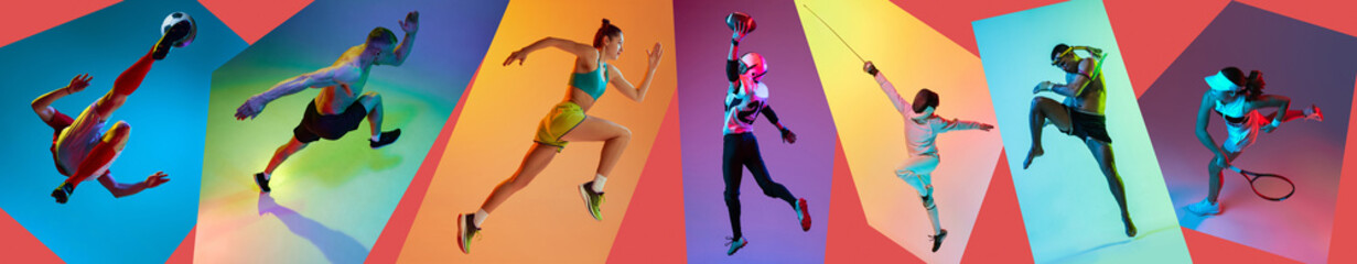 Football, tennis, jogger, fencing and martial arts sportsmen. Collage of athletic people in motion against multicolored background in neon light. Concept of sport, action, achievements, challenges. - obrazy, fototapety, plakaty