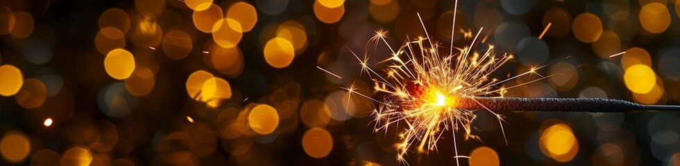 A singular, bright yellow sparkler, its light creating a stark contrast against a backdrop of dark, blurred bokeh lights, capturing the solitary but hopeful spirit of the New Year.