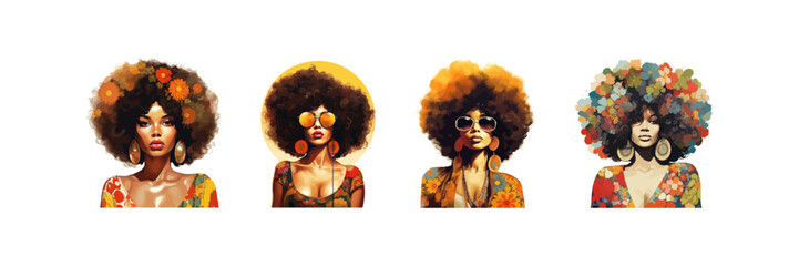 African-American woman with an afro hairstyle watercolor set. Vector illustration design. - obrazy, fototapety, plakaty