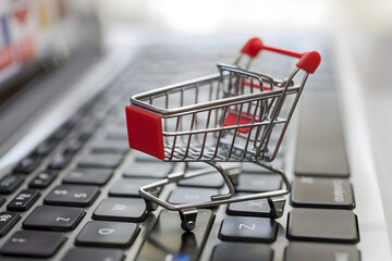 A conceptual digital art depicting an online store with a shopping cart on a laptop keyboard illustrating the intersection of technology and commerce, shopping online concept