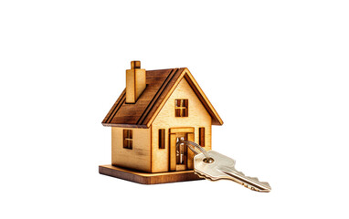 Wooden House With Key. A photograph showing a wooden house with a key placed inside it. The key is visible through a small opening in the house. on a White or Clear Surface PNG Transparent Background.