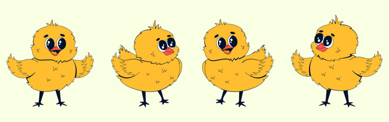 Little chickens characters set. Vector illustration of newborn chicks in retro style on a white isolated background.