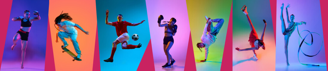 Banner. Sports collage featuring variety of athletes in motion against vibrant multicolored studio...