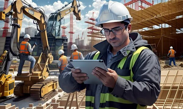 Engineer working on tablet with construction vehicle and workers in background
