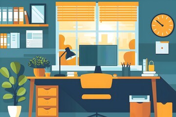 Modern Office Interior with Desk and Computer in Flat Design