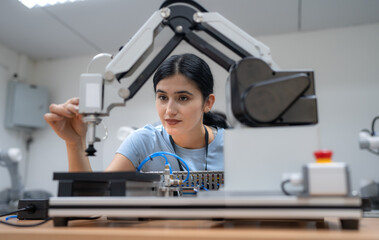 Robotic development engineer working robot arm connection and control at electronic futuristic...
