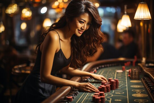 Asian girl rejoices at winning casino roulette, around her are casino visitors