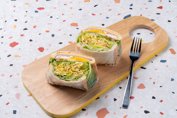 Macaron, cranbrae, pork bar, blueberry, cheese, yogurt, dacquoise, injeolmi, rice cake, matcha, chocolate, Oreo, hazelnut, black sesame, ham, sandwich,