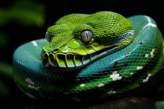 A lithe green tree python draped over the sturdy branch of a towering tree, its emerald scales blending seamlessly with the verdant foliage