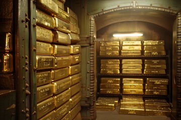 Gold Investor. 3D rendered image of gold vault featuring the worlds largest collection of gold bars stored in a wooden vault room under a tower, business finance and investment concept
