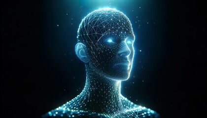 A futuristic digital wireframe model of a human head and shoulders with a glowing blue outline against a dark background, symbolizing advanced technology and intelligence.AI generated. - obrazy, fototapety, plakaty