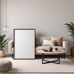 Mockup poster frame leaning against a couch, interior mockup with house background