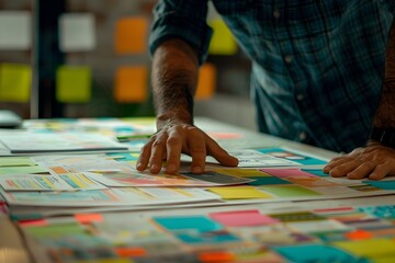 A man is working on paper layout designs in a bold style showcasing the modern office workflow and project management process for digital marketing