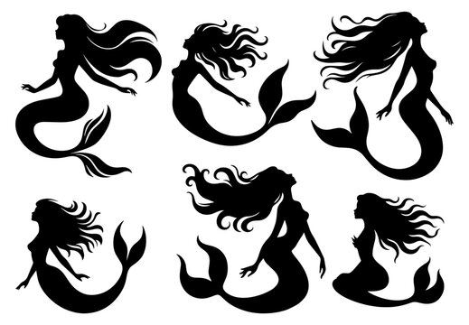 Vector illustration. Mermaid silhouette on a white background. Printable sticker. set of silhouettes.