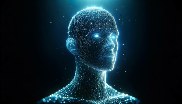 A futuristic digital wireframe model of a human head and shoulders with a glowing blue outline against a dark background, symbolizing advanced technology and intelligence.AI generated.