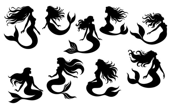Vector illustration. Mermaid silhouette on a white background. Printable sticker. set of silhouettes.
