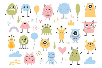 Set with cute monsters in flat style. Hand drawn kids monsters. vector illustration. Isolated mascot.