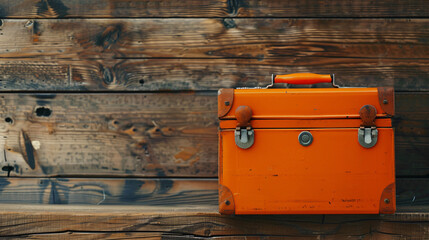 Orange tools box against wooden background.