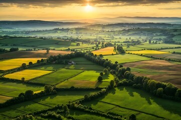 Fototapeta na wymiar Aerial view of a countryside landscape at sunrise 