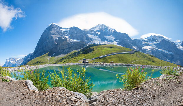 alpine landscape Kleine Scheidegg and lake Fallbodensee, swiss alps Bernese Oberland