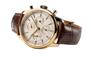 Close Up of Watch. The watch face shows the time and date, with hands ticking slowly. on a White or Clear Surface PNG Transparent Background.