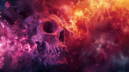 A human skull blending concepts of life, death, and the universe in a surreal artwork. Skull merged with cosmic dust, neon glows, digital abstract art.