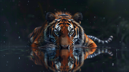 A mesmerizing tiger stares directly ahead, its intense gaze reflected perfectly in the calm water beneath a starry night sky.