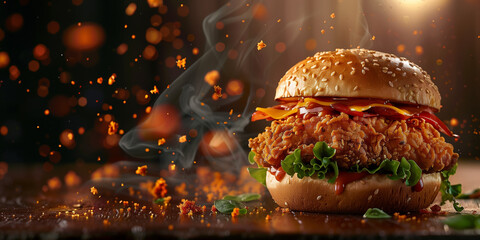 Fried chicken burger with flying ingredients and spices hot, food commercial advertisement menu banner. - obrazy, fototapety, plakaty