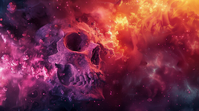 A human skull blending concepts of life, death, and the universe in a surreal artwork. Skull merged with cosmic dust, neon glows, digital abstract art.