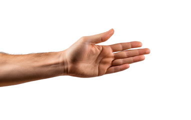 An individual arm reaches out with their hand extended displaying openness or a gesture of receiving or giving. on a White or Clear Surface PNG Transparent Background.