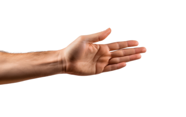An individual arm reaches out with their hand extended displaying openness or a gesture of receiving or giving. on a White or Clear Surface PNG Transparent Background.