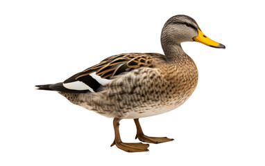 Naklejka na ściany i meble Duck Standing. A duck is standing on a clean, white surface. The duck is looking around with curiosity as it stands firmly on its webbed feet. on a White or Clear Surface PNG Transparent Background.