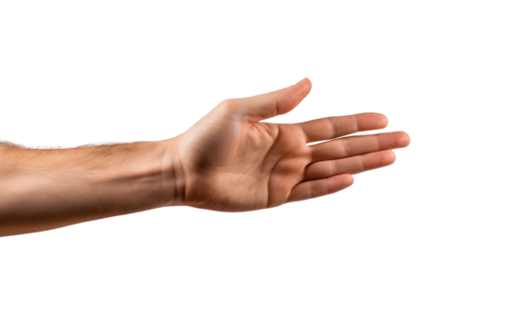 An individual arm reaches out with their hand extended displaying openness or a gesture of receiving or giving. on a White or Clear Surface PNG Transparent Background.