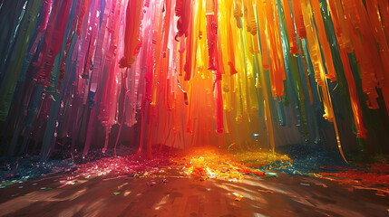 A lively abstract background featuring a cascade of multicolored ribbons with a dynamic sense of movement and celebration. Streamers cascading down, framing the celebration in vibrant colors.