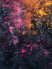 Abstract splatter painting evoking a cosmic scene, with vibrant pink and gold hues splashed across a dark backdrop.