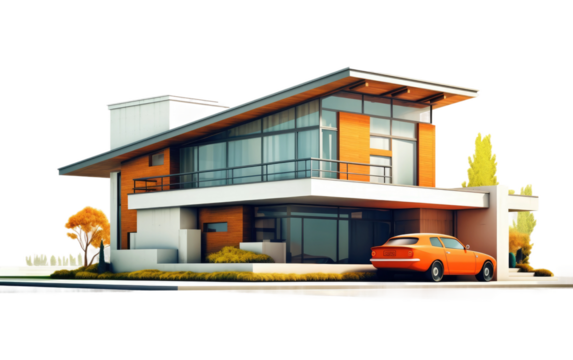 A car is parked in front of a residential house. The vehicle is neatly parked on the street, while the house stands in the background. on a White or Clear Surface PNG Transparent Background.