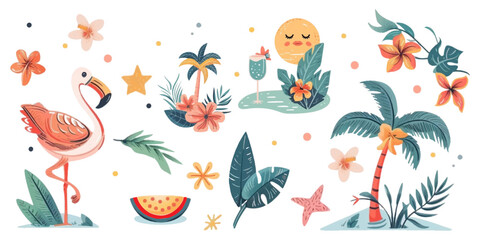 Set of summer illustrations on white background.