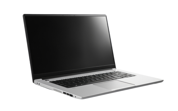 Open Laptop Computer. A modern open laptop computer is placed on top of a clean white desk. The screen is illuminated, indicating it is in use. on a White or Clear Surface PNG Transparent Background.