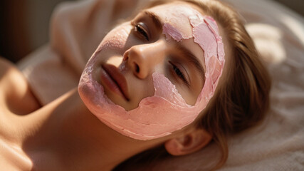 Gorgeous young woman with skin care pink clay mask on her face,  for softening and soothing sensitive and weakened skin. It gently exfoliates the skin of the face.