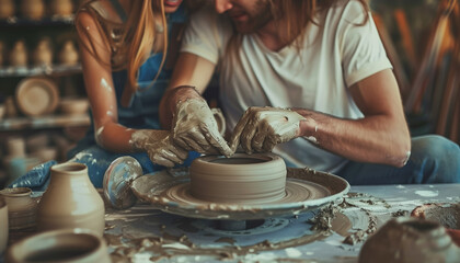 Boyfriend and girlfriend do pottery moulding with clay, romantic hand held photos - obrazy, fototapety, plakaty