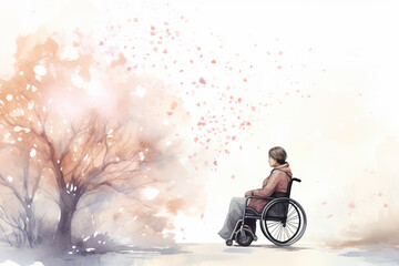 Obraz premium watercolor drawing of woman in wheelchair under tree, dreamlike romantic atmospheric, hazy, blue, white, magenta, brown, bronze, pink pastel color
