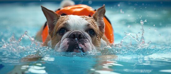 Adorable dog swimming in an outdoor pool wearing a cute life jacket for safety - obrazy, fototapety, plakaty