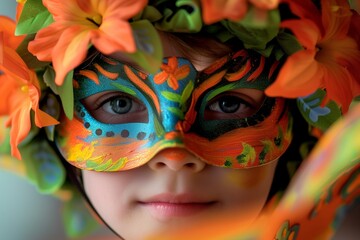 A whimsical image of a child, concealed behind a vibrant carnival mask, with a wreath hat adorned with bright orange flowers.