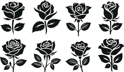 Rose silhouette vector set, elegant set of rose,  floral collection, black outline roses, perfect for wedding invitations, greeting cards, print, stickers, logo design