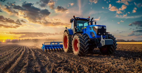 Fototapeta premium A worker plows the land on a tractor, prepares the field for sowing, the concept of 